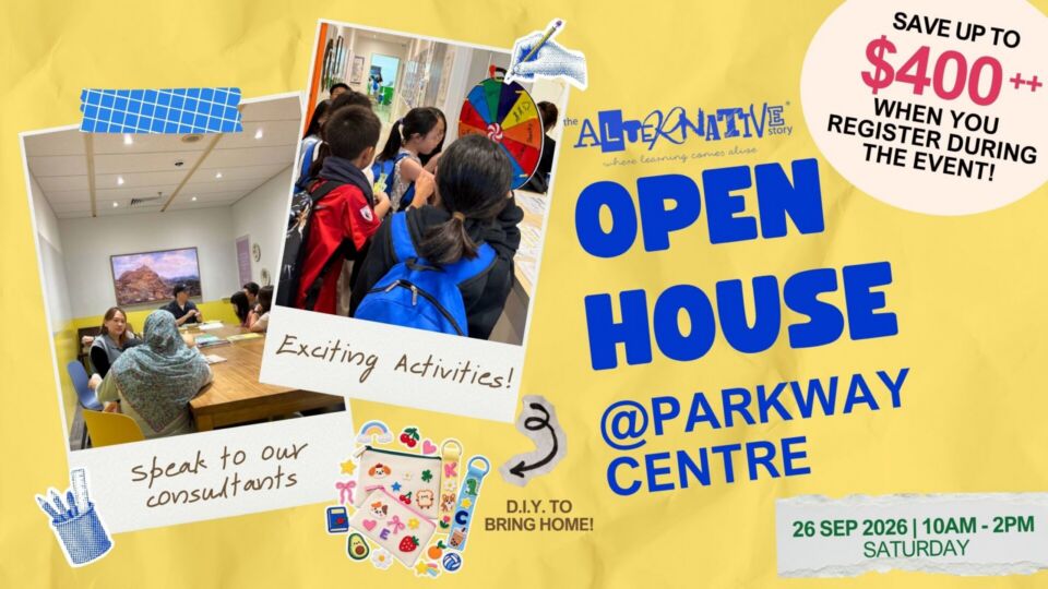 Website Banner for Parkway Centre Open House 2027. Happening on 26th September 2027, Saturday, from 10am to 2pm. Parents can come speak to our consultants, and there are also fun activities planned for students - including a D.I.Y. pouch that they can bring home. Save up to $400+ when you register during the event. Come down to The Study House at Parkway Centre, 1 Marine Parade Central, #10-03, Singapore 449408.