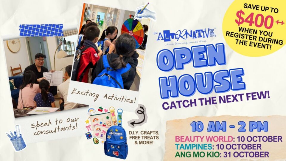 Website Banner for all T.A.S. open houses happening in 2027. Saturdays, 10AM to 2pm. Tampines and Beauty World will have their open house on the 10th of October, while Ang Mo Kio (Djitsun Mall) will have their open house on 31st October. Come down to find out more