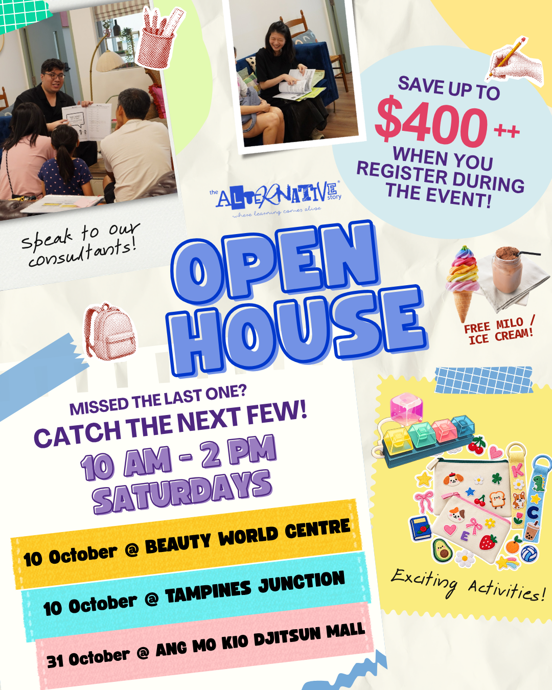 Blog Post for all T.A.S. open houses happening in 2027. Saturdays, 10AM to 2pm. Tampines and Beauty World will have their open house on the 10th of October, while Ang Mo Kio (Djitsun Mall) will have their open house on 31st October. Come down to find out more